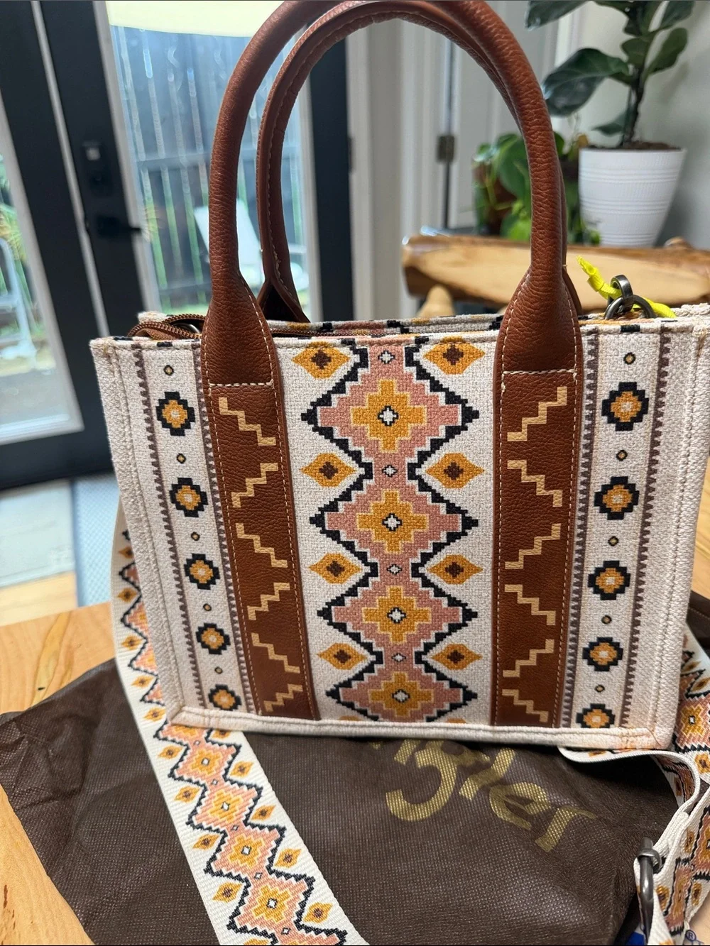 Wrangler Brown, Cream & Yellow Patterned Satchel with Detachable Strap